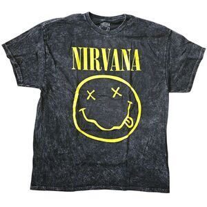 Nirvana Yellow Smiley Black Gray Distressed Stone Wash Tshirt XL Extra Large